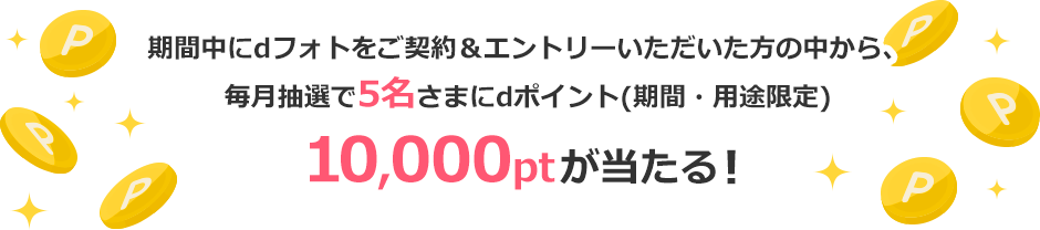 期間中にdフォトをご契約＆エントリーいただいた方の中から、毎月抽選で5名さまにdポイント(期間・用途限定)10,000ptが当たる！