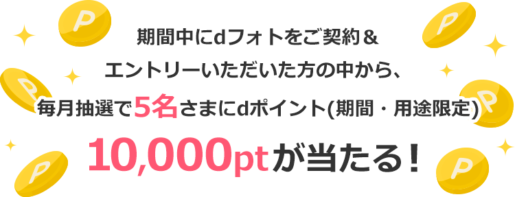 期間中にdフォトをご契約＆エントリーいただいた方の中から、毎月抽選で5名さまにdポイント(期間・用途限定)10,000ptが当たる！